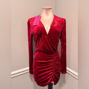 Betsey Johnson Crimson Red Velvet Long Sleeve Ruched Wrap Dress